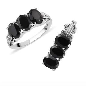 Thai Black Spinel 3 Stone Ring (size 7)and Pendant in Stainless Steel